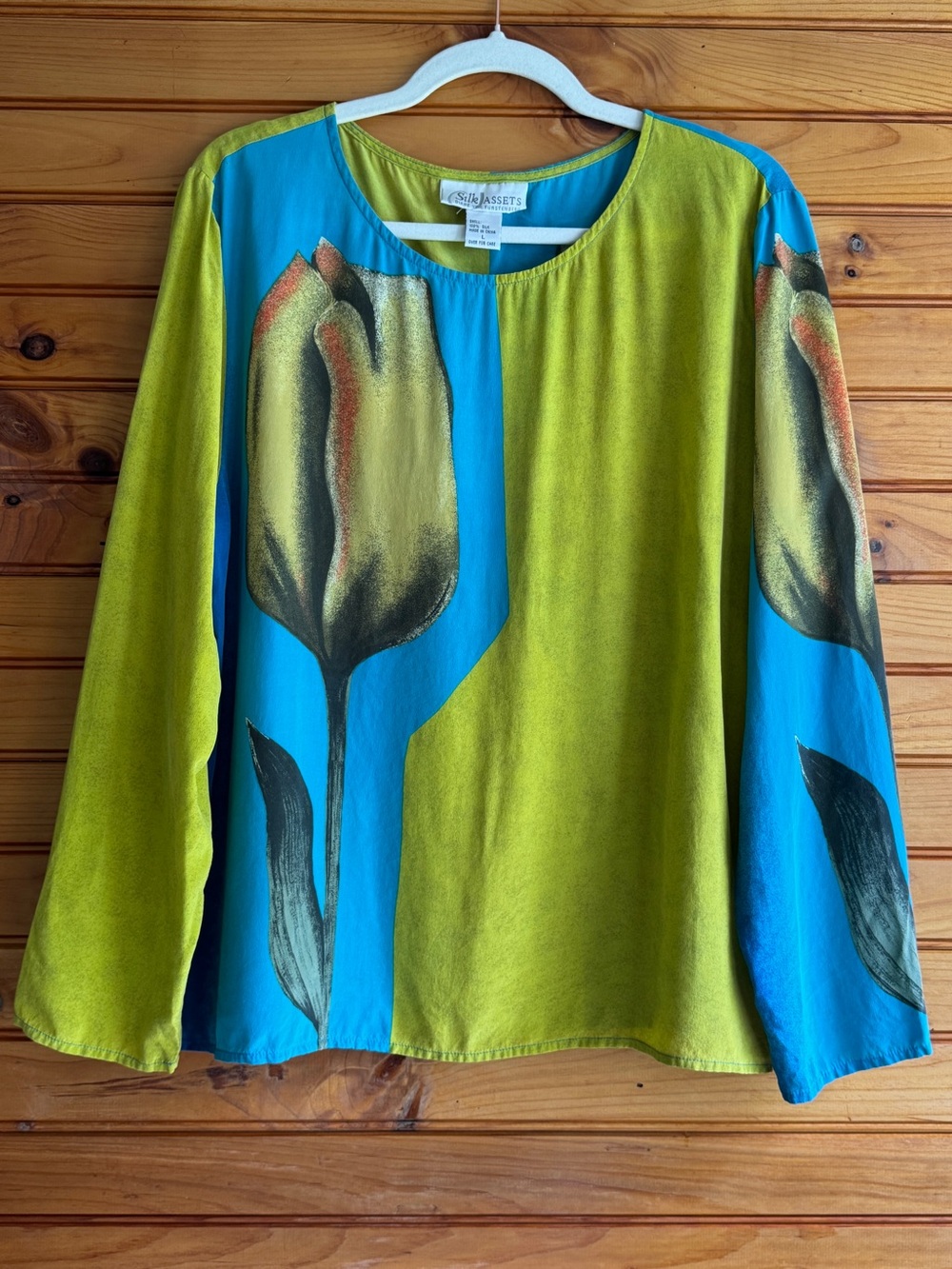 Diane von Furstenberg Silk Assets 90s Silk Blouse L Tulip Colorblock Art Print